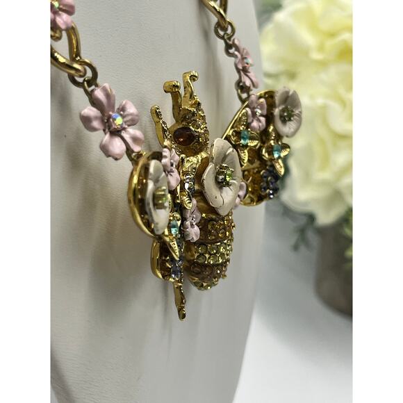 Betsey Johnson Vintage Enchanted Floral Garden Beetle Queen Bee Moth Necklace - Picture 11 of 13